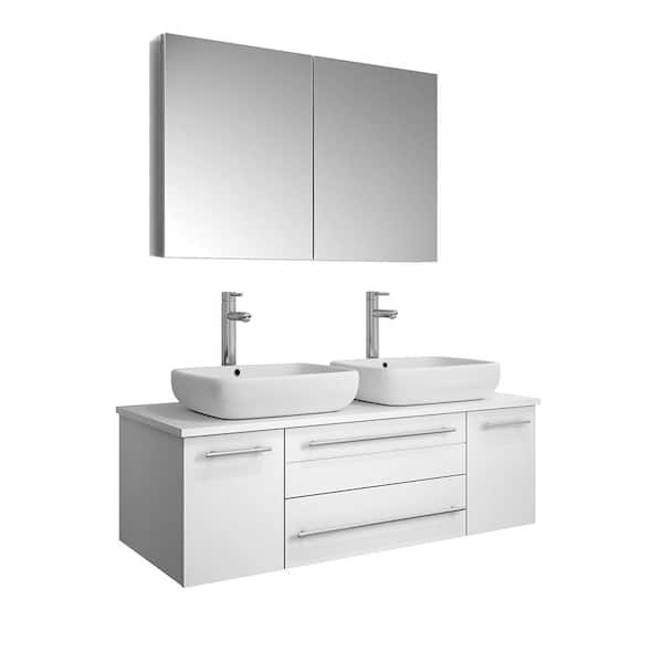 Fresca Lucera 48 in. W Wall Hung Vanity in White with Quartz Stone Vanity Top in White with White Basins and Medicine Cabinet