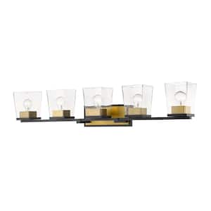 Bleeker Street 42.5 in. 5-Light Matte Black and Olde Brass Vanity Light with Clear Glass