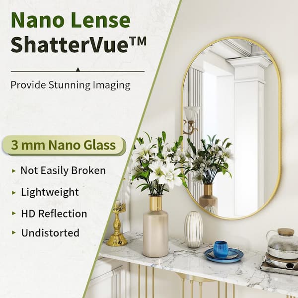 HOMLUX 20 in. W x 36 in. H Oval Framed Wall Bathroom Vanity Mirror in Gold Decorative Modern Rust-Resistant Metal Frame