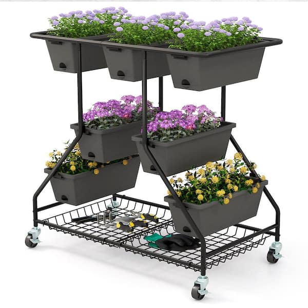 Gymax 40 in. x 22 in. x 39 in. Metal Gray Raised Garden Bed with 7 Planter Boxes Drainage Holes Storage Shelf