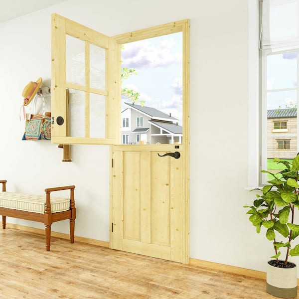 32 in. x 80 in. Universal 4-Lite Clear Glass and 2-Panel Unfinished Dutch Door with Lock Wood Front Door Slab