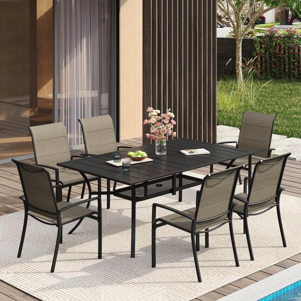 DIFY 7 Piece Metal Outdoor Dining Set with 59.2 in. Black Rectangle ...