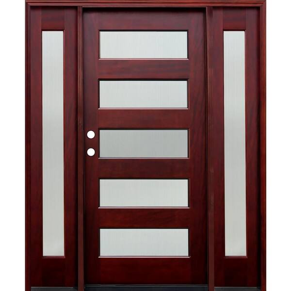 Pacific Entries 70 in. x 80 in. Contemporary 5 Lite Reed Stained Mahogany Wood Prehung Front Door w/ 6 in. Wall Series,14 in. Sidelites