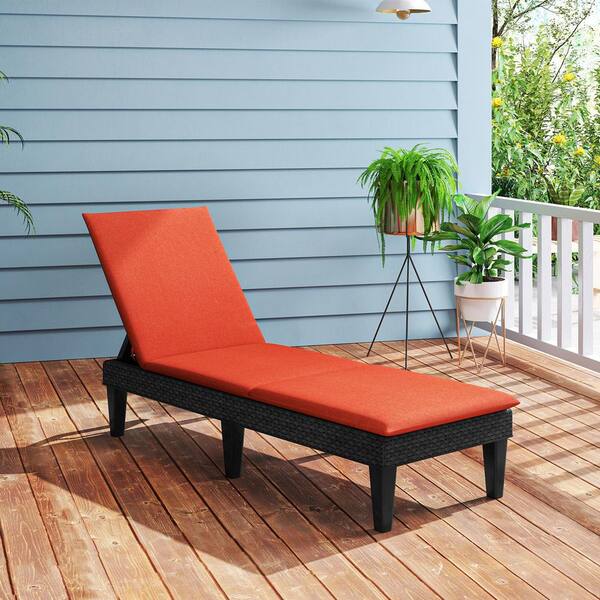 Black 1-Piece Metal and Wicker Outdoor Chaise Lounge with Orange Cushions, 3-Position Adjustable Backrest