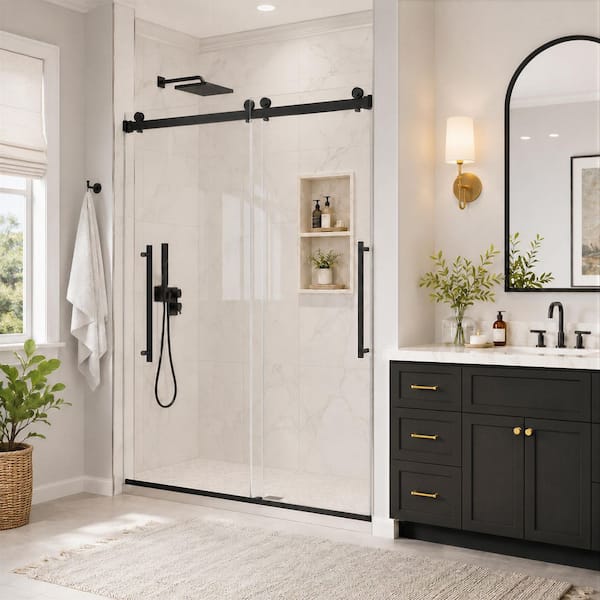 56-60 in. W x 76 in. H Semi Frameless Double Sliding Shower Door in Matte Black with 5/16 in. Nano-Coated Tempered Glass