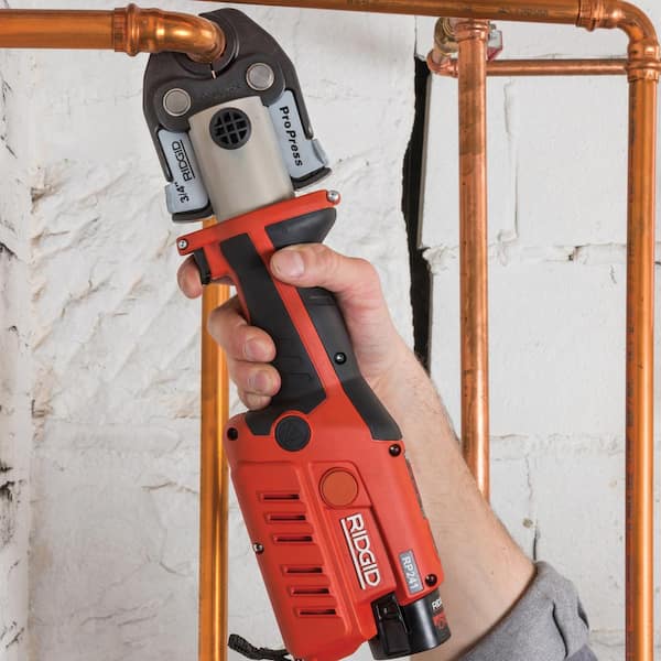 RIDGID RP 241 Compact Inline Press Tool Kit Includes 3 ProPress Jaws (1/2  in., 3/4 in., 1 in.), 2-12V Batteries, Charger + Case 57373 - The Home Depot