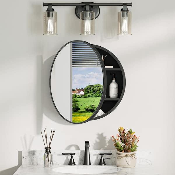 20 in. W x 20 in. H Round Black Metal Framed Surface Mount Medicine Cabinet with Mirror