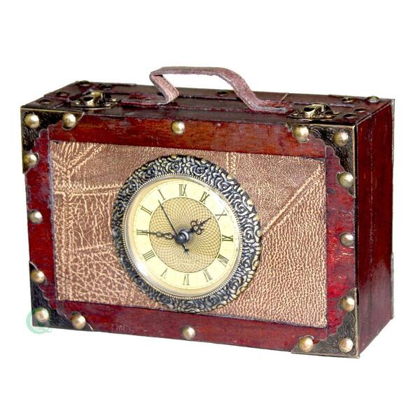 Vintiquewise 7.8 in. W x 5.1 in. H x 2.8 in. D Wood and Faux Leather Antique Style Suitcase with Clock