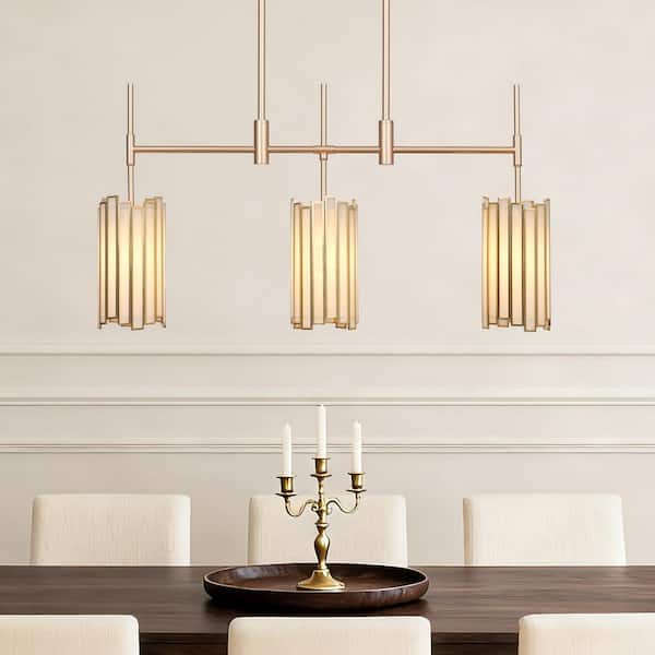 LNC Modern 30 in. 3-Light Dark Gold Linear Chandelier with White Stained Glass Shades for Kitchen Island Dining Room Pendant