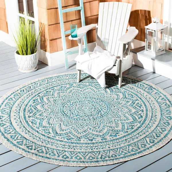 Courtyard Light Gray/Teal 4 ft. x 4 ft. Medallion Indoor/Outdoor Patio  Round Area Rug