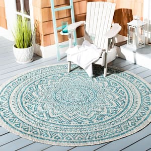 Courtyard Light Gray/Teal 7 ft. x 7 ft. Medallion Indoor/Outdoor Patio  Round Area Rug