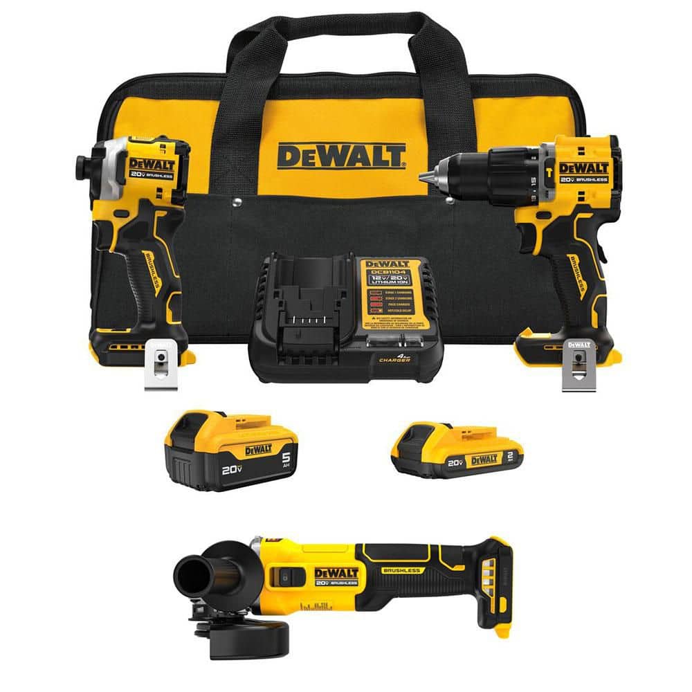 DEWALT ATOMIC 20V MAX Lithium-Ion Cordless 2-Tool Combo Kit and 4-1/2 in. Angle Grinder with 5Ah & 2Ah Batteries, Charger & Bag (DCK200D1P1W407B)