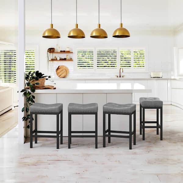 LUE BONA 24 in. Dark Grey Counter Height Saddle Bar Stool Faux Leather Cushion Backless Bar Stool with Metal Legs (Set of 4)