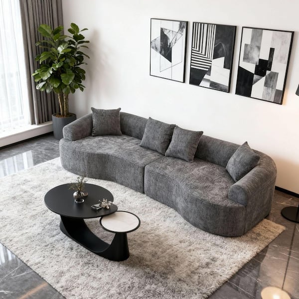 Zorwell Modern 106.29 in. Round Arms Chenille Upholstery Curved Compressed Sectional Sofa in Grey with Pillows
