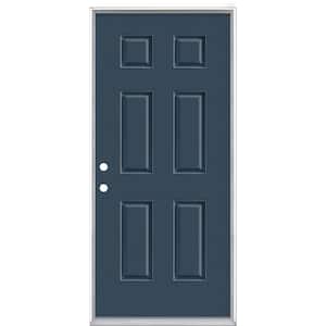 36 in. x 80 in. 6-Panel Night Tide Right-Hand Inswing Painted Smooth Fiberglass Prehung Front Exterior Door, Vinyl Frame