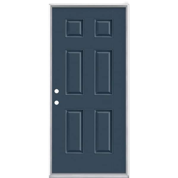 Masonite 36 in. x 80 in. 6-Panel Night Tide Right-Hand Inswing Painted Smooth Fiberglass Prehung Front Exterior Door, Vinyl Frame