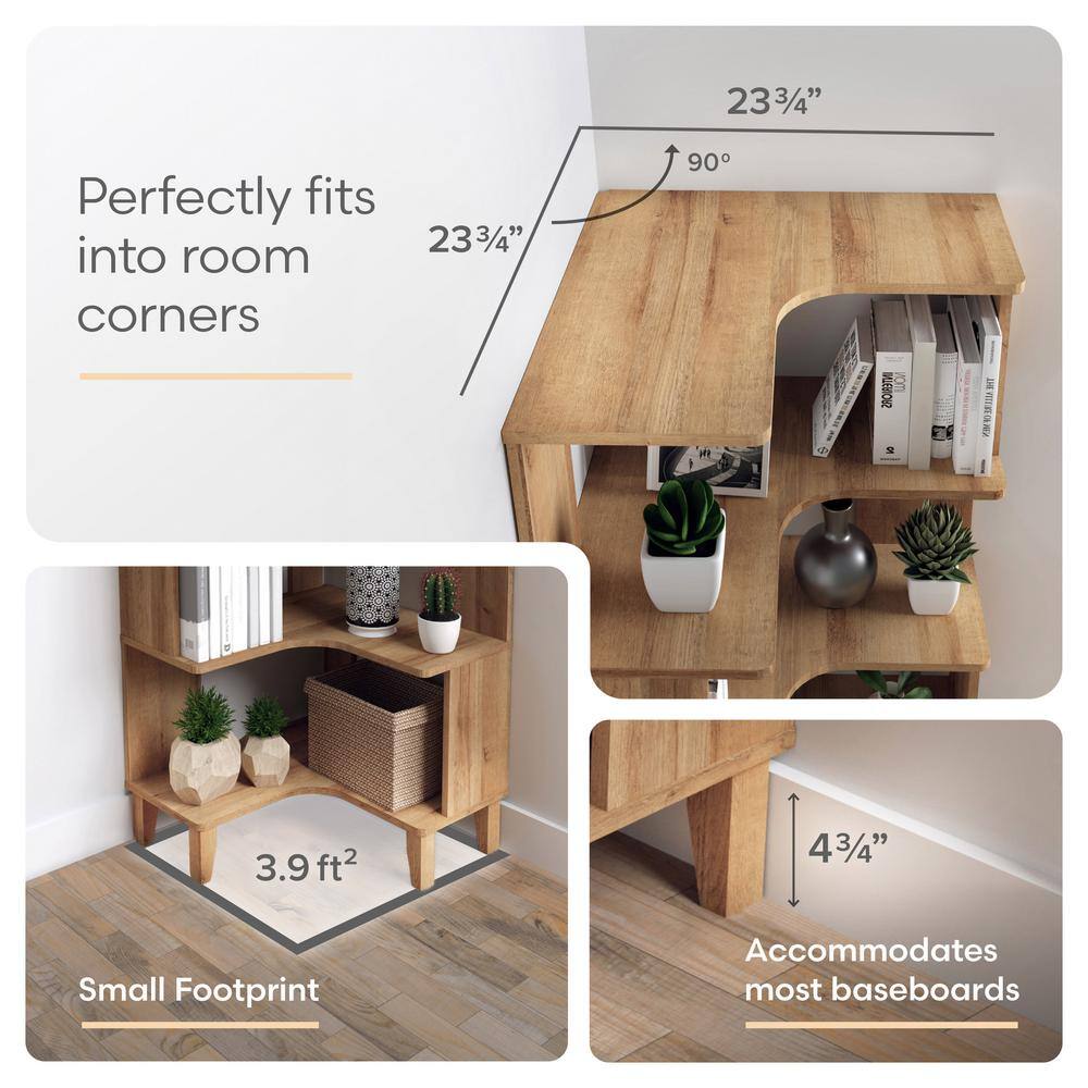 Natural Oak 6-Tier Corner Wood Bookcase with Open Back