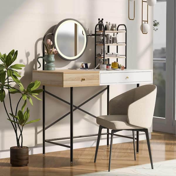 1-Drawer White Makeup Vanity Table Wooden Dressing Desk with 3-Mode Lighted Mirror, Wireless Charging Station, 3 Shelves