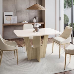 Italian Style Warm Beige and Light Oak Painted Glass Pedestal Dining Table Seats 4