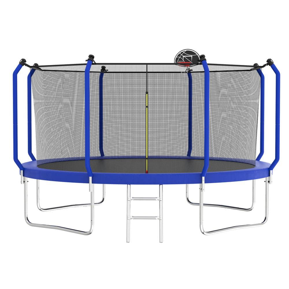 SUNRINX 12 ft. Blue Round Trampoline with Safety Enclosure Net and Basketball Hoop