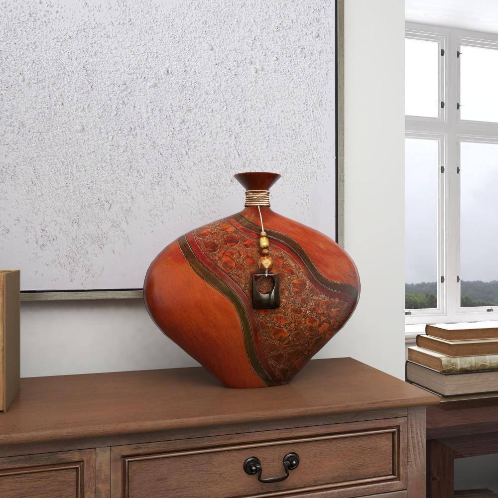 14" Cognac Brown Polystone Vase with Carved Abstract Designs