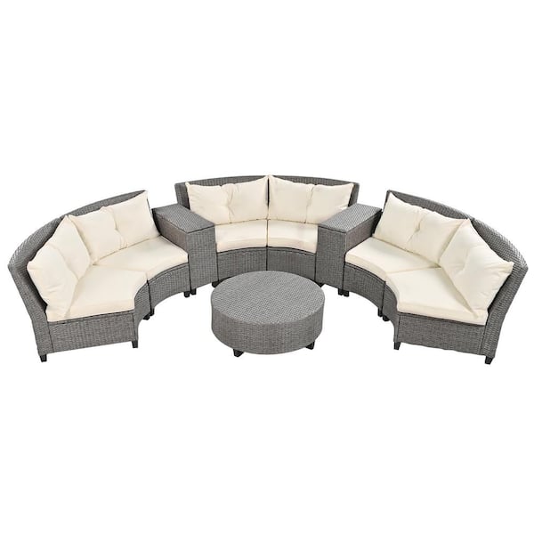Unbranded Rattan Composite Outdoor Fan-Shaped Suit Combination Loveseat with Cushions and Table