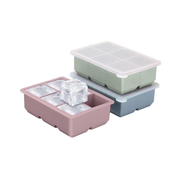 Large Flexible Silicone Ice Cube Mold Tray Set Black Square Food Grade 6 Cavity Stackable with Removable Lid
