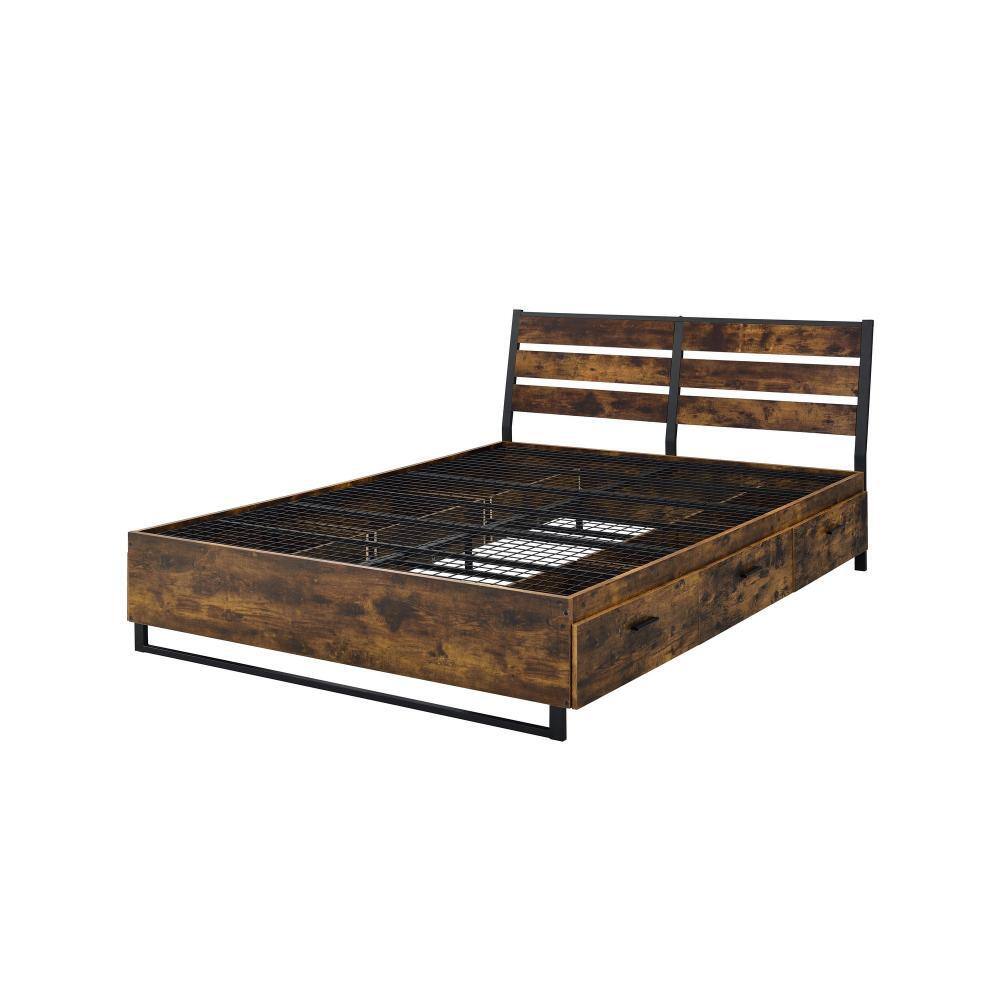 Benjara Brown And Black Wood Frame Queen Platform Bed With 6 Drawers And Metal Slats Bm252710