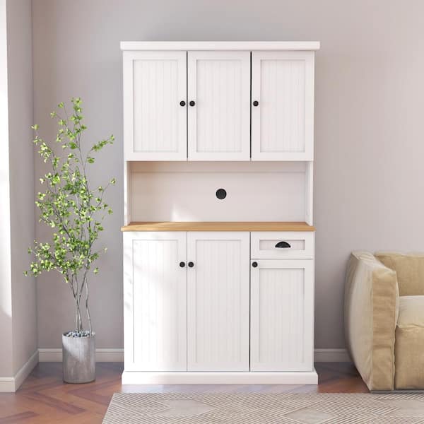 39.76inx14.96inx70.86in MDF Ready to Assemble Kitchen Cabinet in White with Microwave Countertop, 6 Doors and 1 Drawer