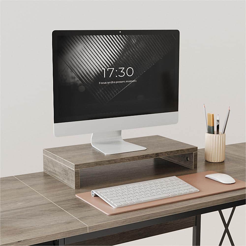 Gray L-Shaped Wood Gaming Desk with Drawers and Keyboard Tray