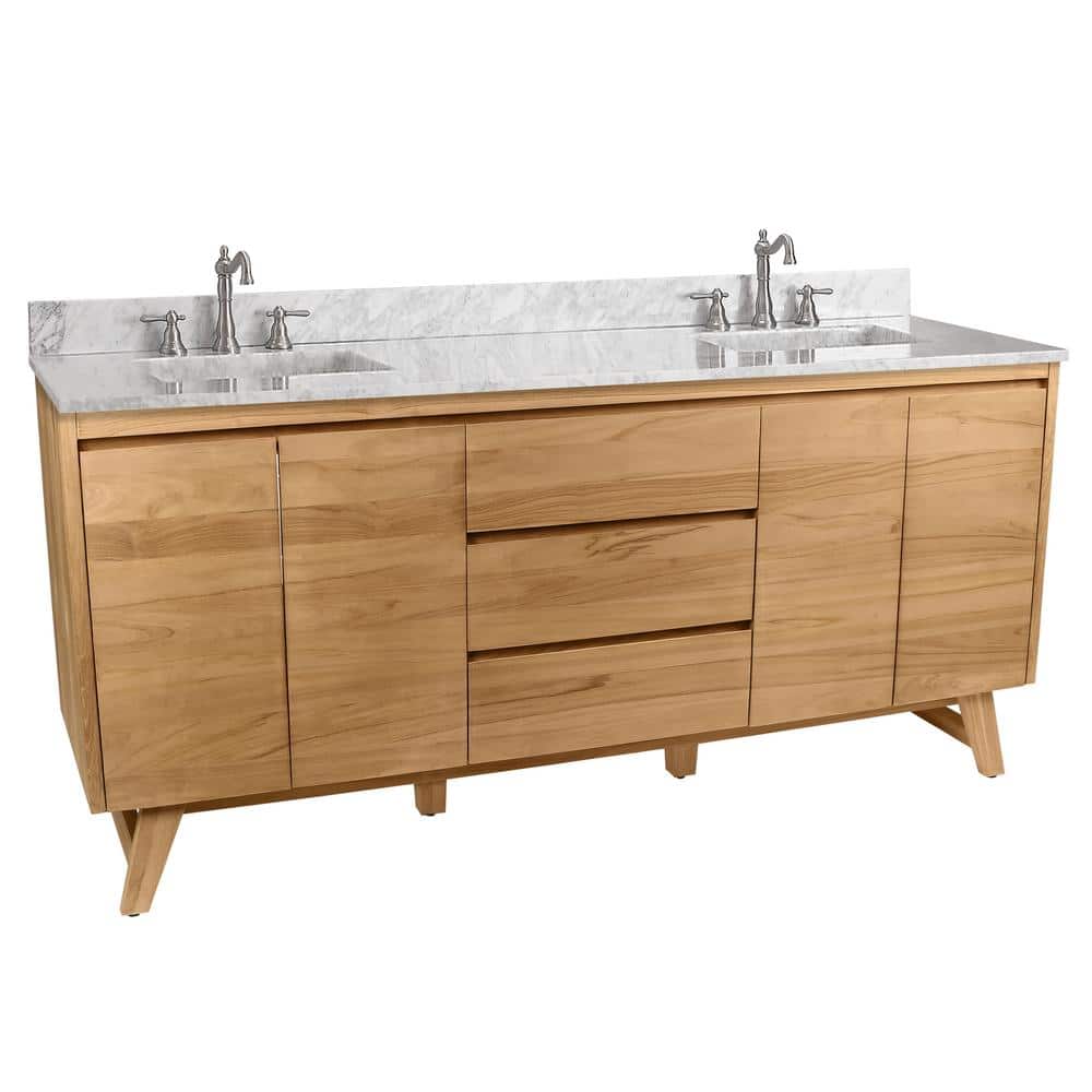Natural Teak Double Bathroom Vanity with Marble Top