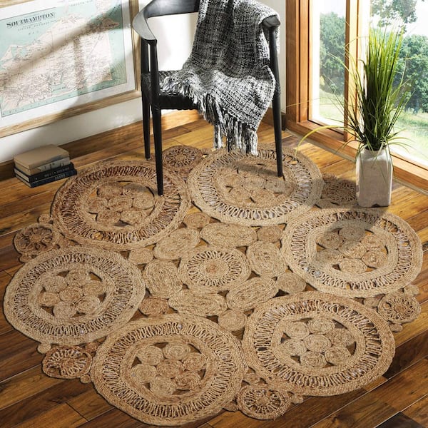 Finn Floral Fantasy Natural Beige/Tan 4 ft. x 4 ft. Round Organic Jute Area Rug