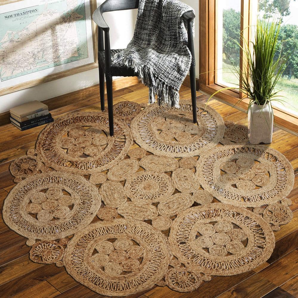 Handmade Geometric Blue Braided Round Rug, Stain-Resistant, 48"
