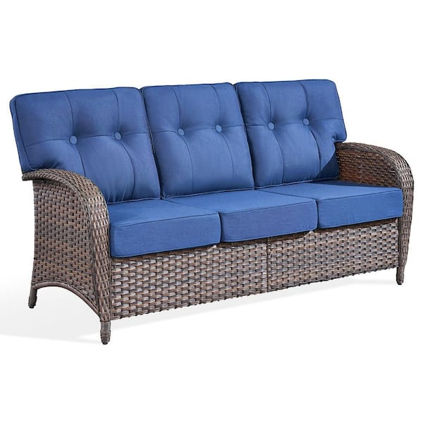 Modern Seaside Series 3-Seat Wicker Outdoor Patio Sofa Couch with Deep Seating and Blue Cushions