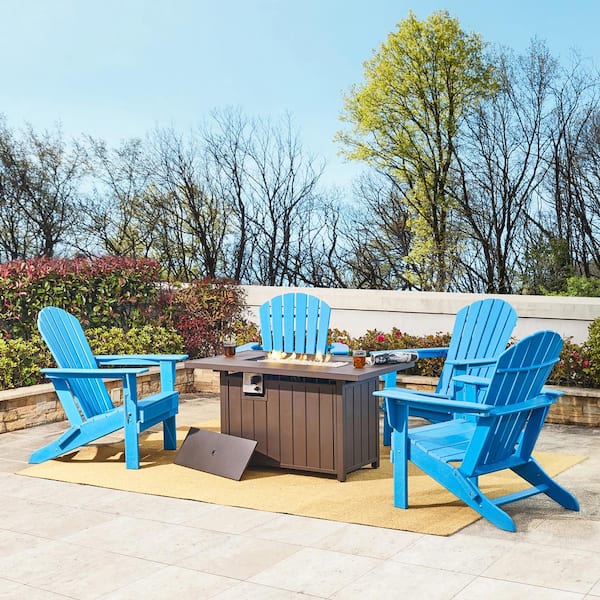 Glitzhome 5-Piece 30000-BTU Tiles Top Aluminum Propane Patio Fire Pit and HDPE Folding Adirondack Chairs Set