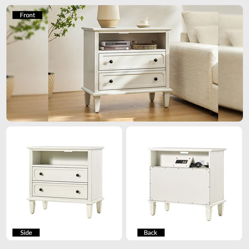 Juiien Mid-Century Solid Wood 2 - Drawer Storage Nightstand with USB Port Set of 2-Walnut - thumbnail 2
