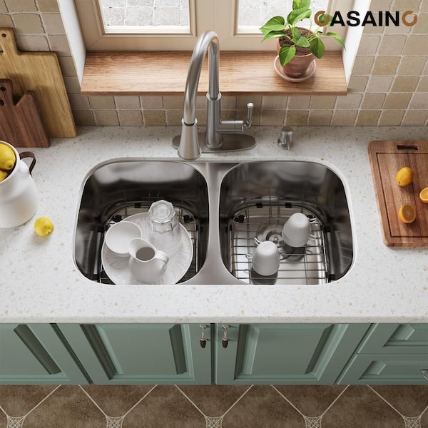 CASAINC 32 in. Undermount Double Bowl 18 Gauge Brushed Stainless Steel Kitchen Sink with Bottom Grid and Basket Strainer