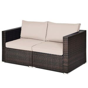 2-Piece Wicker Outdoor Patio Sectional Rattan Conversation Sofa Set with Beige Cushions