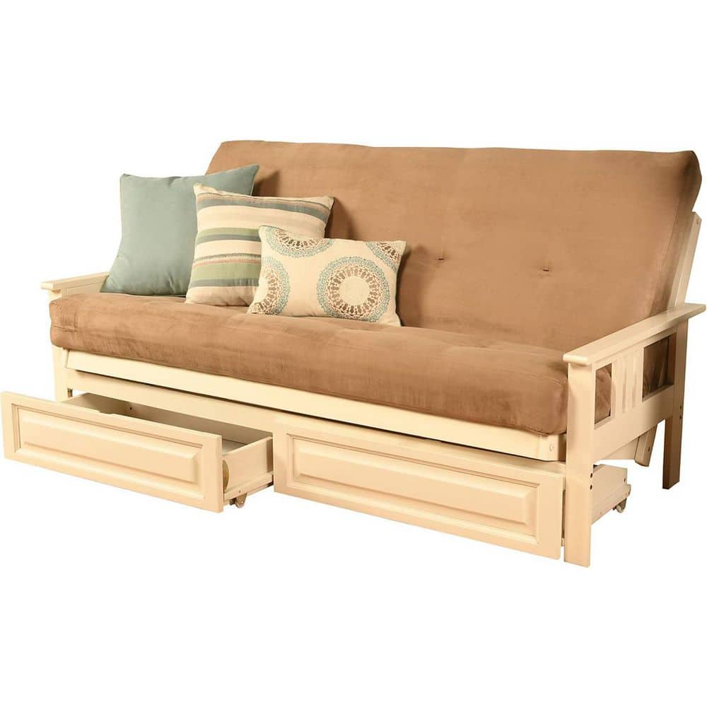 79 in. Antique White/Suede Peat Polyester Upholstered Full Size Futon Set with Mattress and Storage Drawers