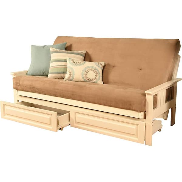 79 in. Antique White/Suede Peat Polyester Upholstered Full Size Futon Set with Mattress and Storage Drawers
