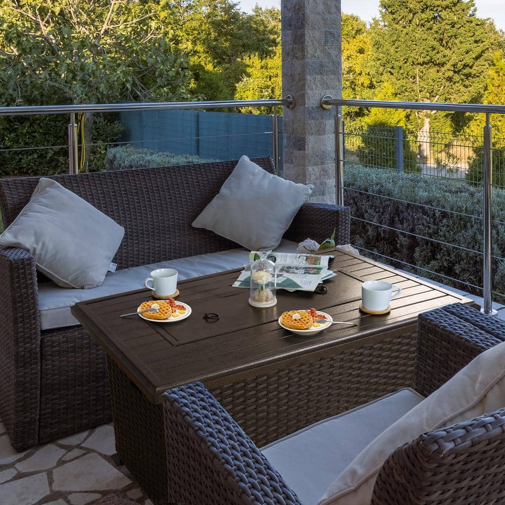 Brown Wicker Gas Fire Pit Table with Glass Wind Guard
