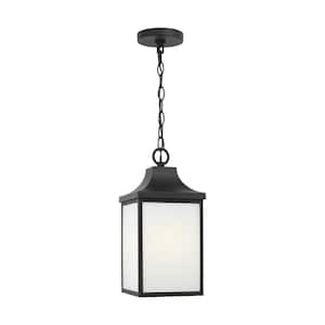 Saybrook 16.75 in. 1-Light Textured Black Dimmable Outdoor Pendant Light with Clear/White Glass and No Bulbs Included