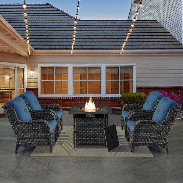 5 Piece Wicker Patio Chairs for 4 with 30 in. Gas Propane Fire Pit Table Outdoor Chair Sets