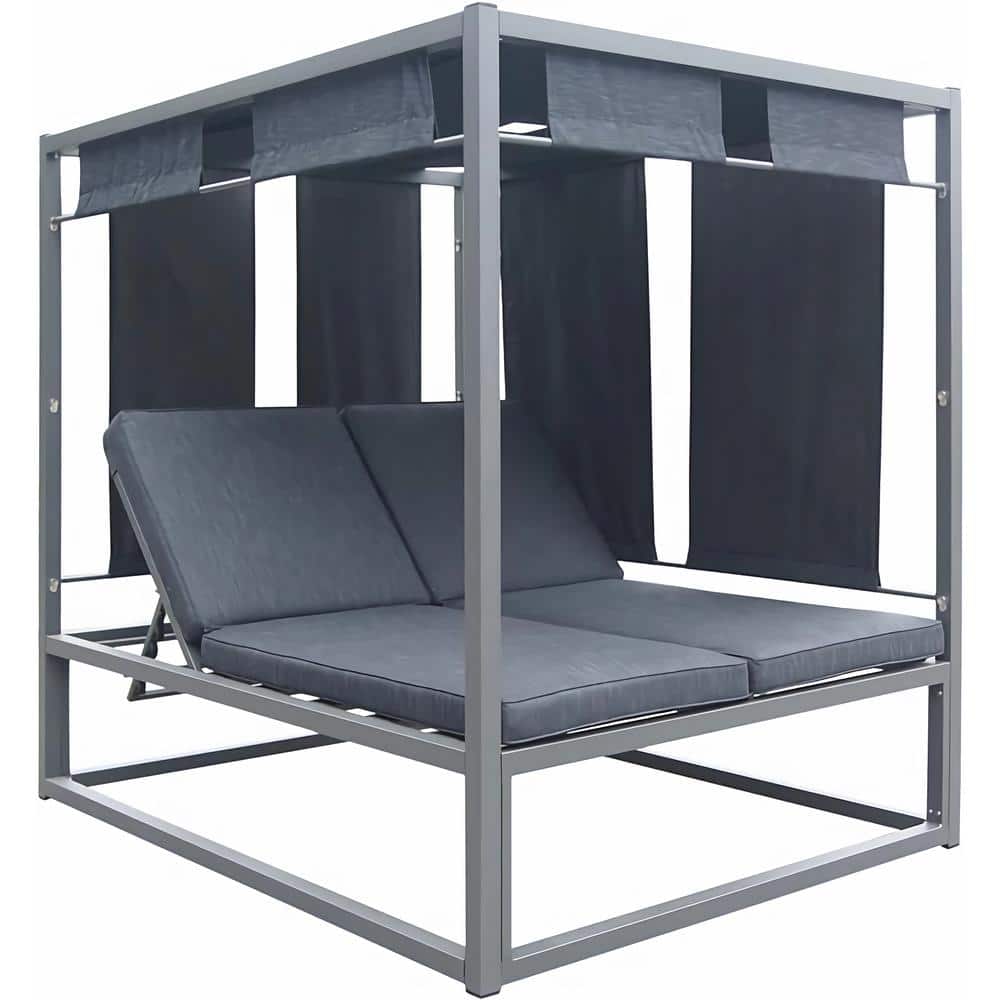 Metal Outdoor Adjustable Day Bed with Canopy-Gray Aluminum Frame and Dark G