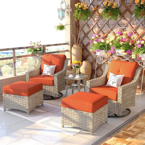 Eureka Grey 5-Piece Modern Wicker Outdoor Patio Conversation Sofa Chair Seating Set with Orange Red Cushions