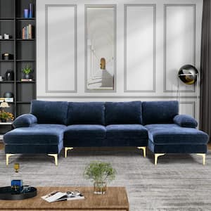 110.63 in. W Round Arm 3-piece U Shaped Chenille Sectional Sofa and Chaise in Blue