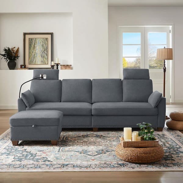 STICKON 102.36 in. Wide Dark Grey Pillow Top Arm Fabric 4-Seater L Shaped Reversible Sectional Sofa with Storage Ottoman