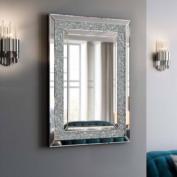 Unbranded Silver 36 in. W x 24 in. H Rectangle Decorative Wall Mirror Large Crystal Art Wall Mirror