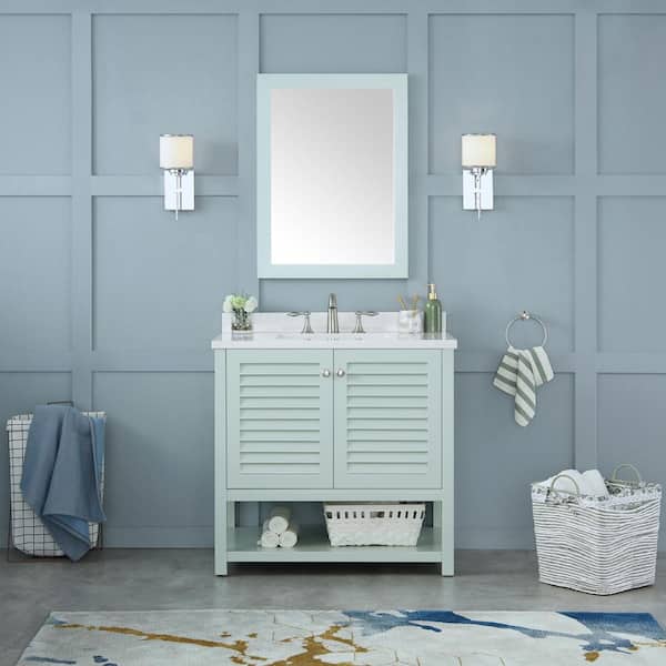 Home Decorators Collection Grace 36 in. W x 22 in. D x 34.5 in. H Single Sink Bath Vanity in Minty Latte with White Engineered Stone Top