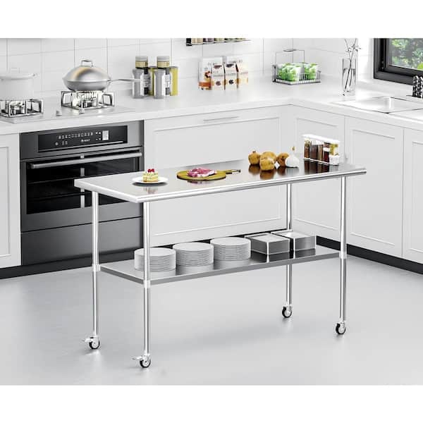 Silver Stainless Steel Table 24 x 60 Inches Metal Prep Table with wheels Adjustable Undershelf, Stainless Table